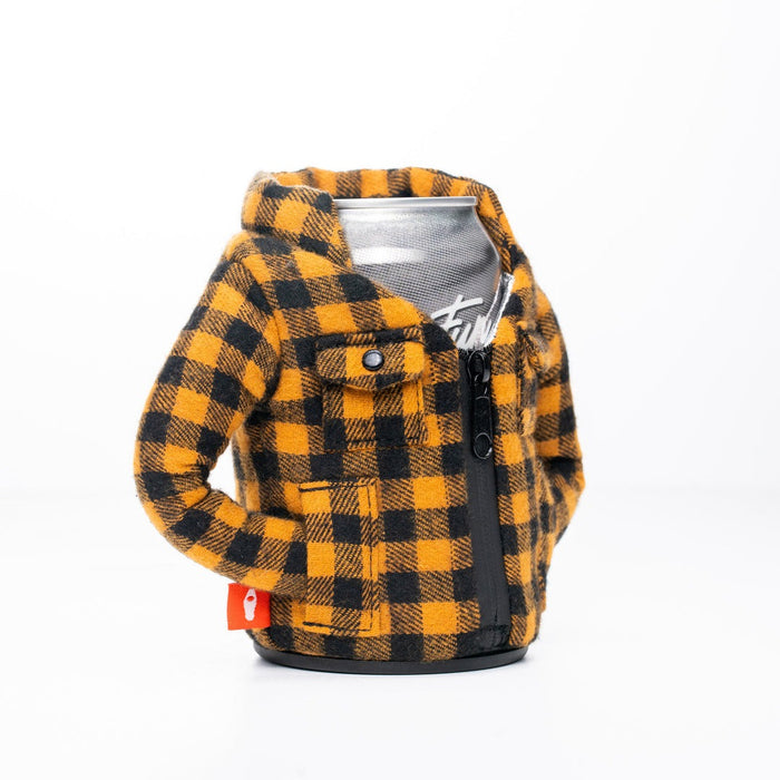 Puffin The Lumberjack can cooler in yellow and black checkered flannel design with dual pockets and zipper closure, front view.