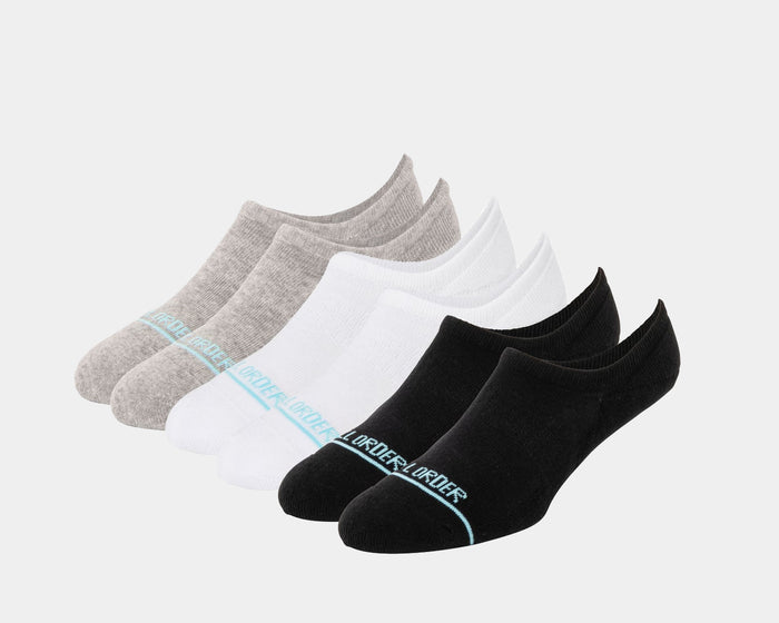 Tall Order The No-Show Socks in gray, white, and black with blue branding, low-cut design and soft fabric blend, front angled view.
