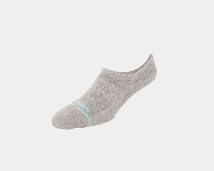 Tall Order The No-Show Socks in light gray, low-cut design with blue logo detail and soft knit material, side view.
