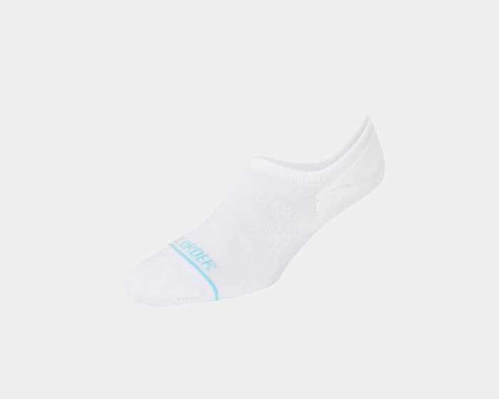 Tall Order The No-Show Socks in white with blue logo detailing and soft cotton fabric, angled side view.