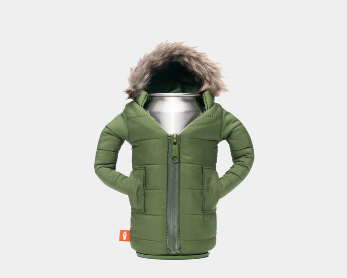 Puffin The Pahka drink holder in green with insulated puffer jacket design, faux fur-lined hood, and zip closure, front view.