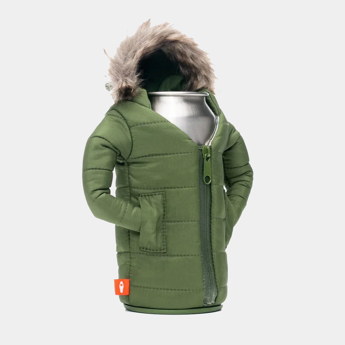 Puffin The Pahka beverage jacket in olive green with quilted design, zipper closure, pockets, and faux fur-lined hood, front view.