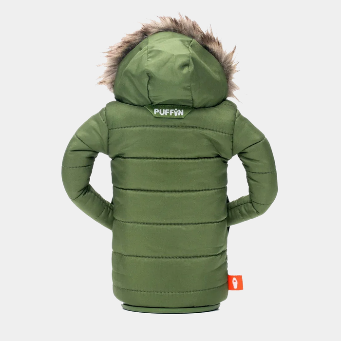 Puffin The Pahka bottle jacket in olive green with quilted design, faux fur-lined hood, and logo detail, back view.