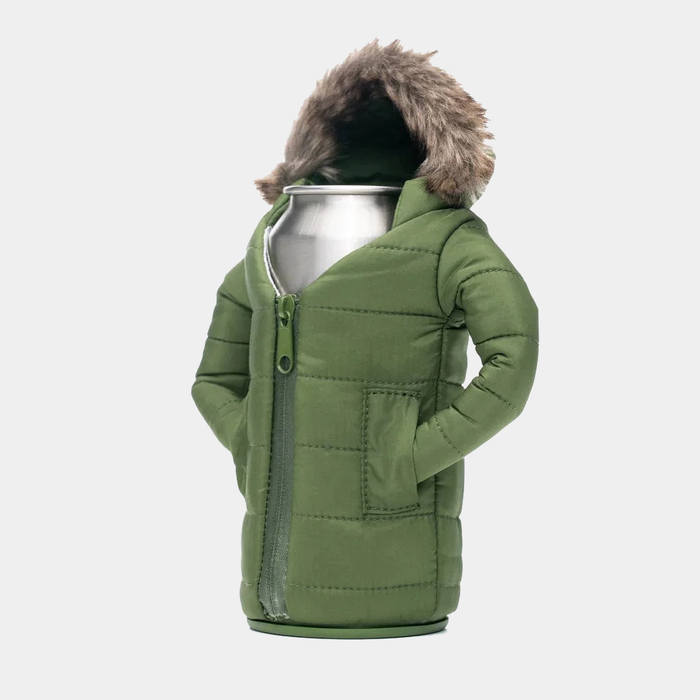 Puffin The Pahka beverage jacket in green with quilted design, zip closure, pockets, and faux fur-lined hood, front view.