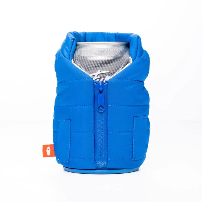 Puffin The Puffy Vest beverage holder in bright blue with quilted design, zippered front, and insulated interior, front view.
