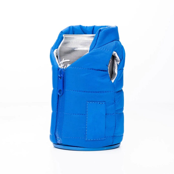 Puffin The Puffy Vest beverage holder in bright blue with quilted design and zipper front, side view.