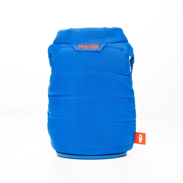 Puffin The Puffy Vest insulated drink holder in bright blue with orange branding tag, front view.