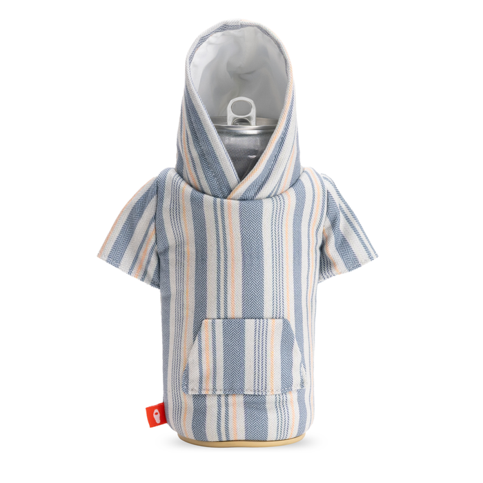 Puffin The Shaka beverage holder with light blue, yellow, and white striped fabric design, front view showing pouch detail.