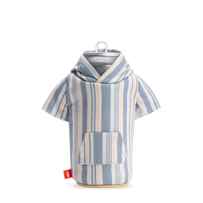 Puffin The Shaka beverage holder in striped light blue, beige, and white fabric with short sleeves and front pocket.