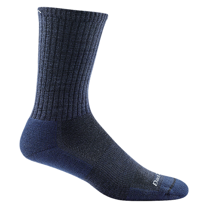 Darn Tough The Standard Crew Light Cushion socks in navy blue with ribbed leg and cushioned footbed, side view.