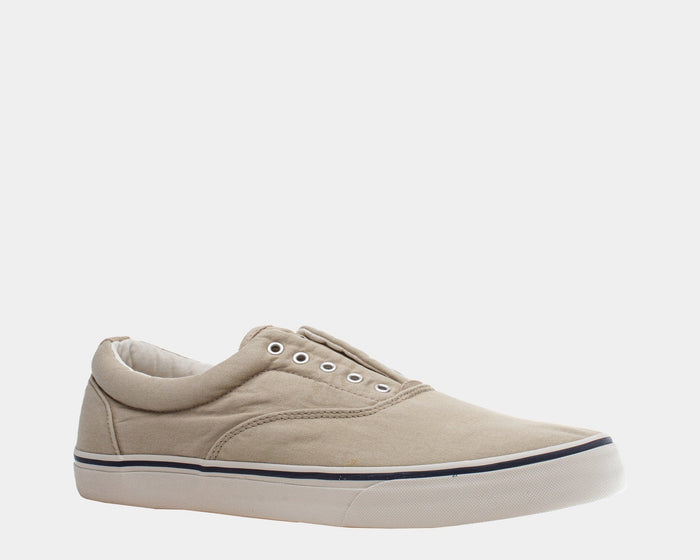 Polo Ralph Lauren Thorton V sneakers in beige canvas with white eyelets, padded collar, and white rubber sole with navy stripe accents, side view.