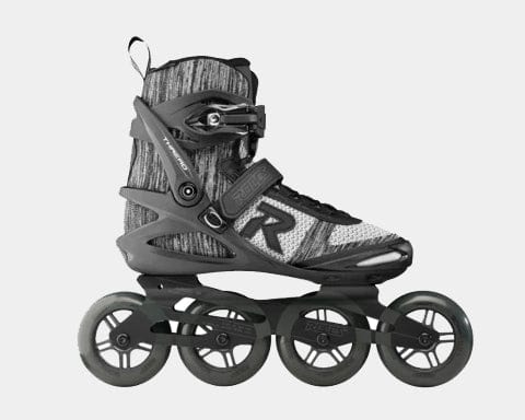 Roces Thread Tiff Inline Skates in gray and black with fabric upper, secure buckle and strap system, and four-wheel frame, side view.