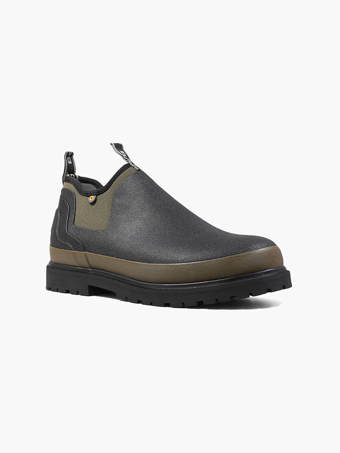 Bogs Tillamook Bay slip-on waterproof shoes in gray and olive with durable rubber outsole, side view.