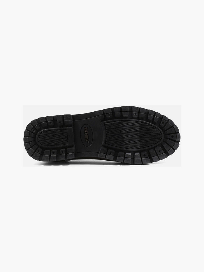Bogs Tillamook Bay boots outsole in black with rugged tread pattern for traction, bottom view.
