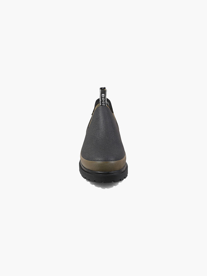 Bogs Tillamook Bay slip-on shoes in black and olive green with durable rubber sole and rear pull tab, front view.