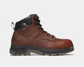 Timberland Pro Titan EV 6" Waterproof Composite Toe Boot in brown leather with black padded collar and rugged outsole, side view.