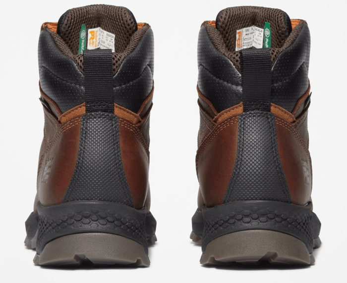 Timberland Pro Titan EV 6" Waterproof Composite Toe Boot, back view showing brown leather upper, reinforced heel, and padded collar.