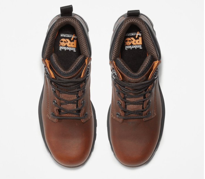 Timberland Pro Titan EV 6" Waterproof Composite Toe Boot in brown leather with black mesh lining and sturdy lace-up design, top view.