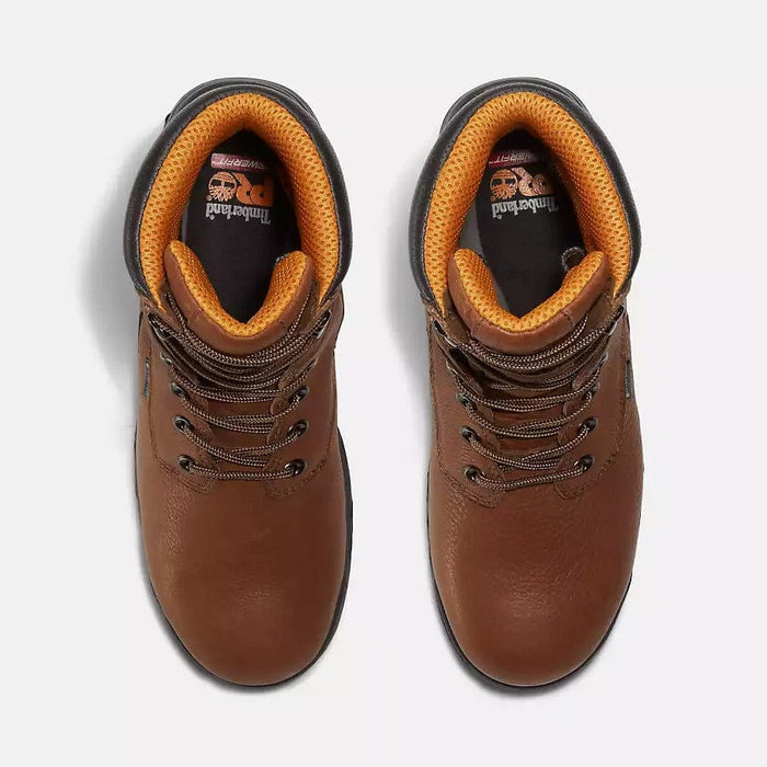 Timberland Pro Titan EV 8" Waterproof Composite Toe Boots in brown leather with orange padded collar and lace-up design, top view.