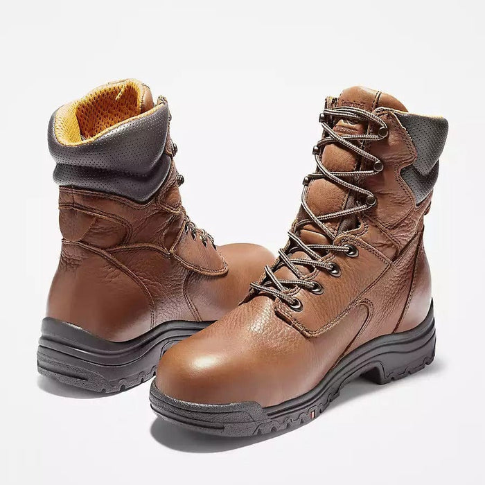 Timberland Pro Titan EV 8" Waterproof Composite Toe Boots in brown leather with padded collar and durable outsoles, front and side view.