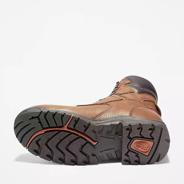 Timberland Pro Titan EV 8" Waterproof Composite Toe Boot sole view showing slip-resistant tread pattern and brown leather upper.