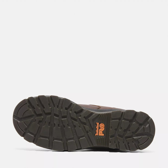 Timberland Pro TiTAN EV Composite Toe Oxford outsole in dark brown showing slip-resistant rubber tread and Timberland Pro logo.
