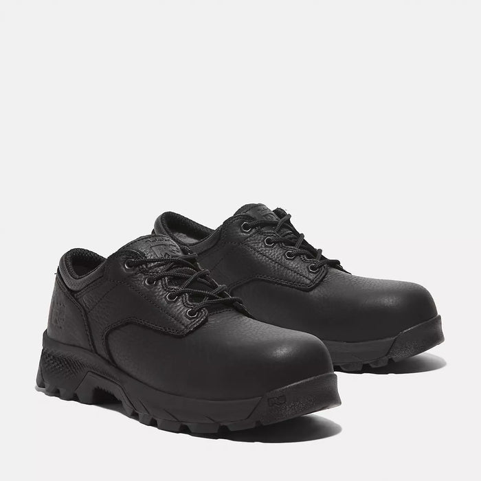 Timberland Pro TiTAN EV Composite Toe Oxford work shoes in black leather with rugged rubber outsole and lace-up design, angled front view.