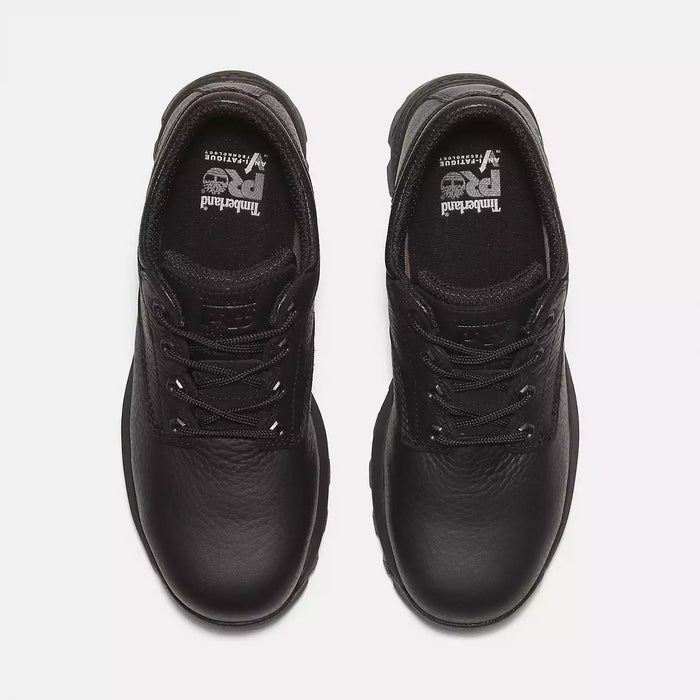 Timberland Pro TiTAN EV Composite Toe Oxford work shoes in black with durable leather upper and lace-up closure, top view showing interior branding.