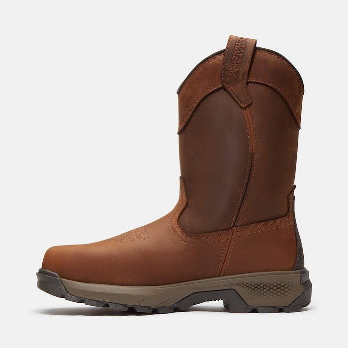 Timberland Pro Titan EV Waterproof Pull On Comp Toe Work Boots, brown leather side view showing slip-resistant sole.