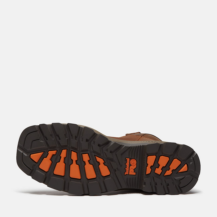 Timberland Pro Titan EV Waterproof Pull On Comp Toe Work Boots outsole with black rubber tread and orange accents.