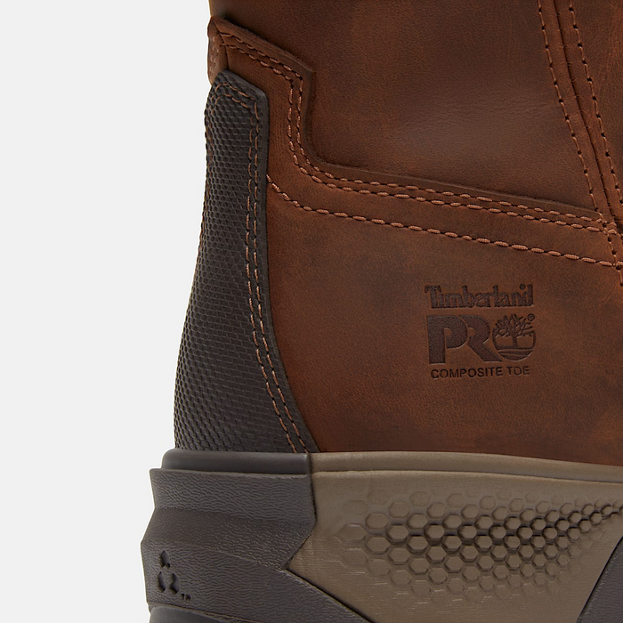 Timberland Pro Titan EV Waterproof Pull On Comp Toe Work Boots, brown leather with black textured detail, close-up view.