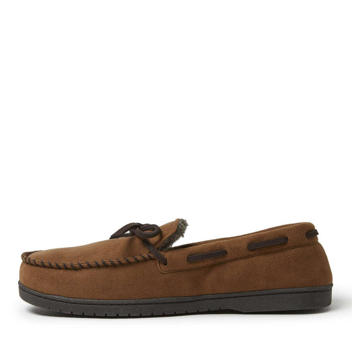 Dearfoams Toby Microsuede Tie Moccasin slippers in chestnut brown with dark brown tie accents and fleece lining, side view.