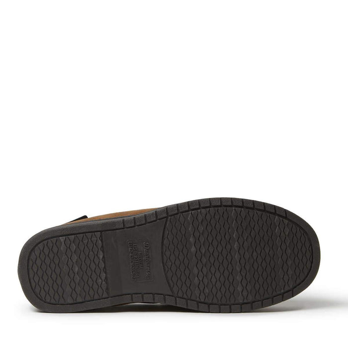 Dearfoams Toby Microsuede Tie Moccasin sole view showing textured black rubber outsole for traction and durability.