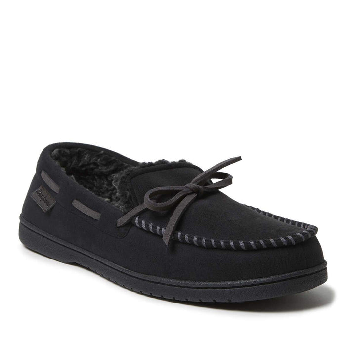 Dearfoams Toby Microsuede Tie Moccasin slippers in black with stitched detailing, soft microsuede material, and cozy fleece lining, angled side view.