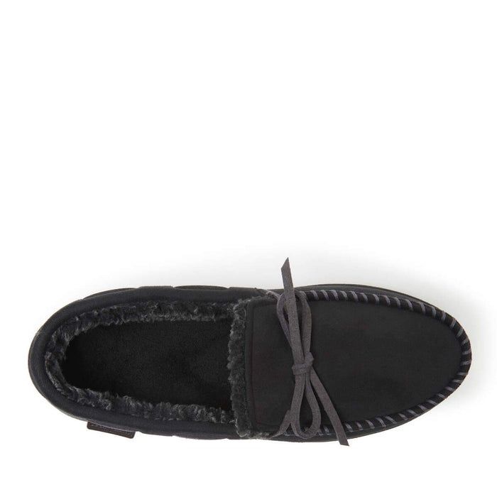 Dearfoams Toby Microsuede Tie Moccasin in black with faux fur lining and decorative tie detail, top view.