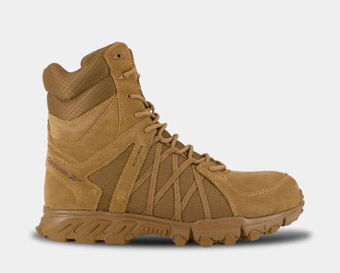 Reebok Work Trailgrip Tactical boots in tan with suede and mesh upper, rugged outsole, and secure lace system, side view.