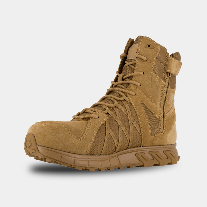 Reebok Work Trailgrip Tactical boots in tan with rugged suede and mesh upper, lace-up closure, and side zipper, side view.