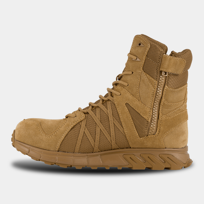 Reebok Work Trailgrip Tactical boots in tan with suede and mesh upper, side zipper, and rugged outsole, side view.