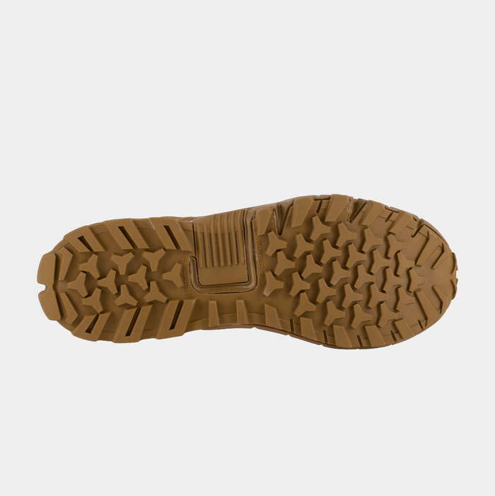 Reebok Work Trailgrip Tactical outsole in tan showing aggressive tread pattern and durable rubber, bottom view.