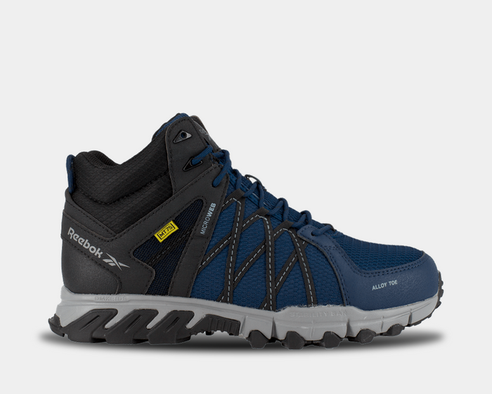 Reebok Work Trailgrip Work shoes in blue and black with alloy toe, abrasion-resistant upper, and rugged outsole, side view.