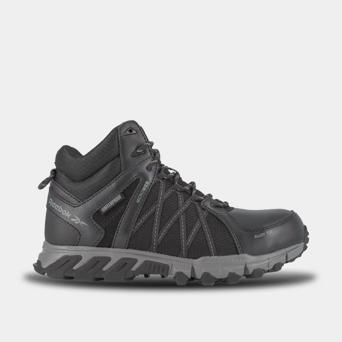 Reebok Work Trailgrip Work shoes side view in black with waterproof upper, alloy toe, and rugged slip-resistant outsole.
