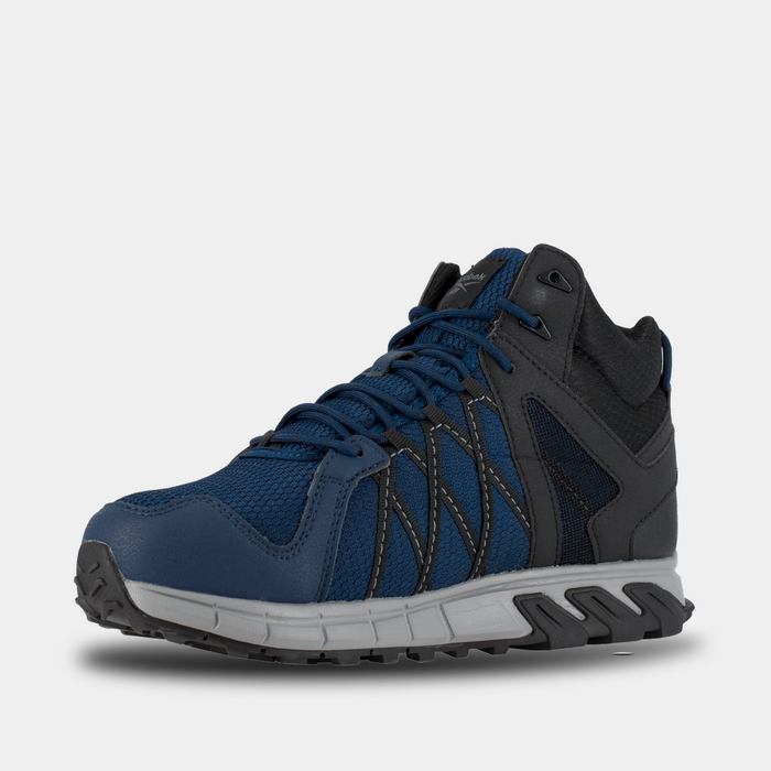 Reebok Work Trailgrip Work shoes, blue and black with rugged synthetic upper and cushioned midsole, front-side view.