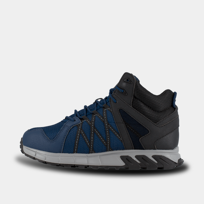 Reebok Work Trailgrip Work shoes in navy blue and black with mesh upper and rugged outsole, side view.