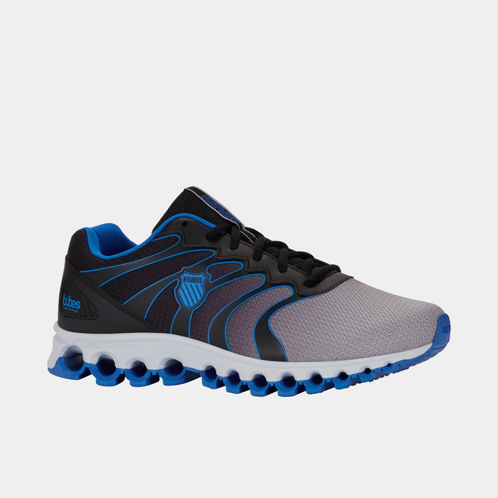 K-Swiss Tubes 200 athletic shoes in gray mesh upper with black and blue detailing, side view showing signature Tubes sole design.