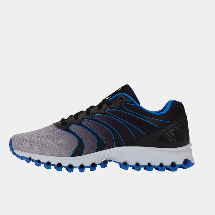K-Swiss Tubes 200 running shoes side view in black, gray, and blue with mesh upper, Tubes outsole, and padded collar.