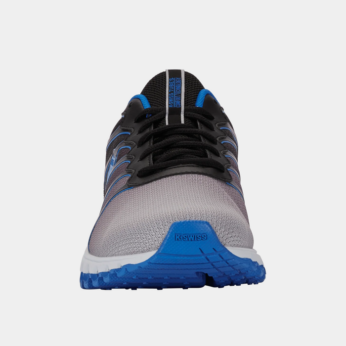 K-Swiss Tubes 200 running shoes with gray mesh upper, black laces, and blue toe cap, front view.