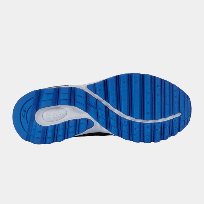 K-Swiss Tubes 200 running shoe outsole in bright blue and white rubber with textured grip and Tubes cushioning system, bottom view.