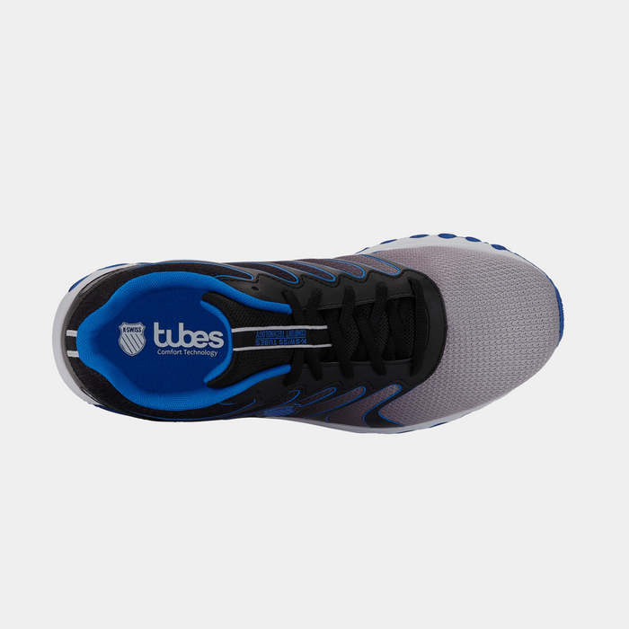 K-Swiss Tubes 200 athletic shoes top view in gray mesh upper with black and blue accents, featuring Tubes Comfort Technology.