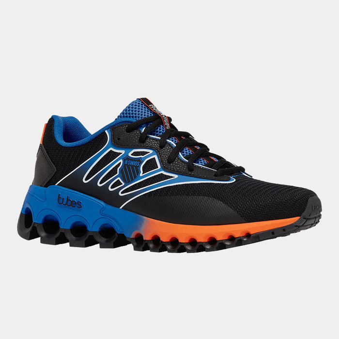 K-Swiss Tubes Sport athletic shoes in black, blue, and orange with a mesh upper, Tubes cushioning outsole, and lace-up design, side view.