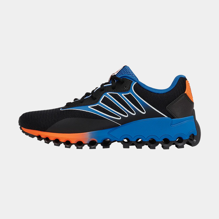 K-Swiss Tubes Sport athletic shoes in black with blue accents, orange heel, and unique tube-style sole design, side view.